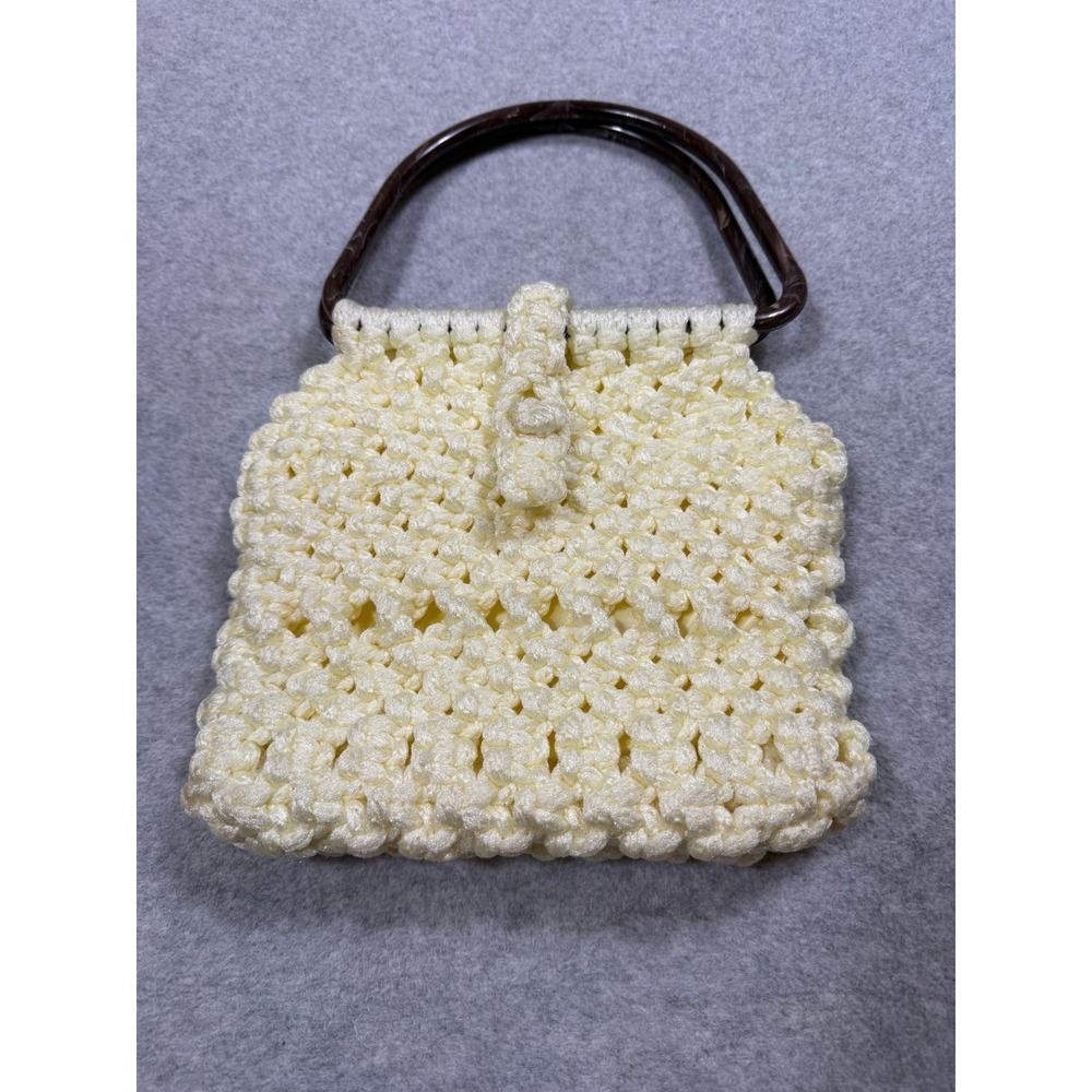Vintage Handmade Cream Crochet Popcorn Stitch Handbag Marbled Brown Handles